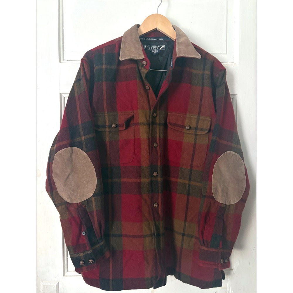 Vintage Ivy Crew Explorer Plaid Shirt Jacket Leather Elbow Patches Red Brown M